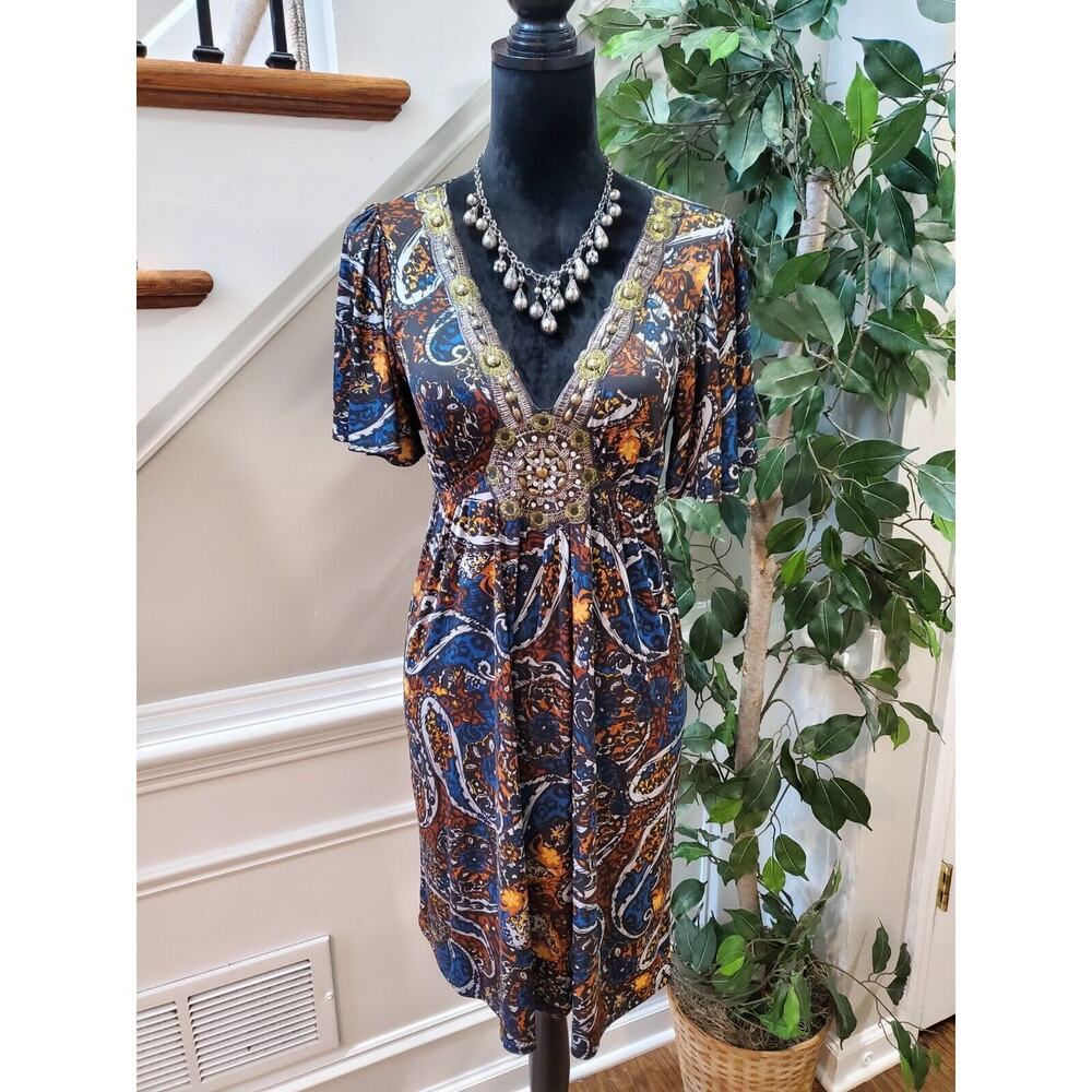 M Usa Women's Multicolor Polyester V-Neck Short Sleeve Knee Length Dress Size M